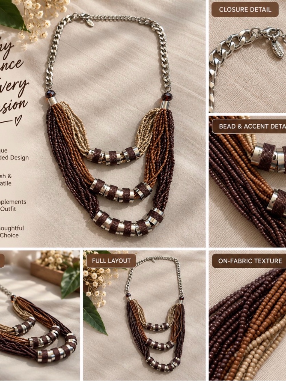 Multi-Strand Beaded Necklace in Brown & Cream with Silver Accents